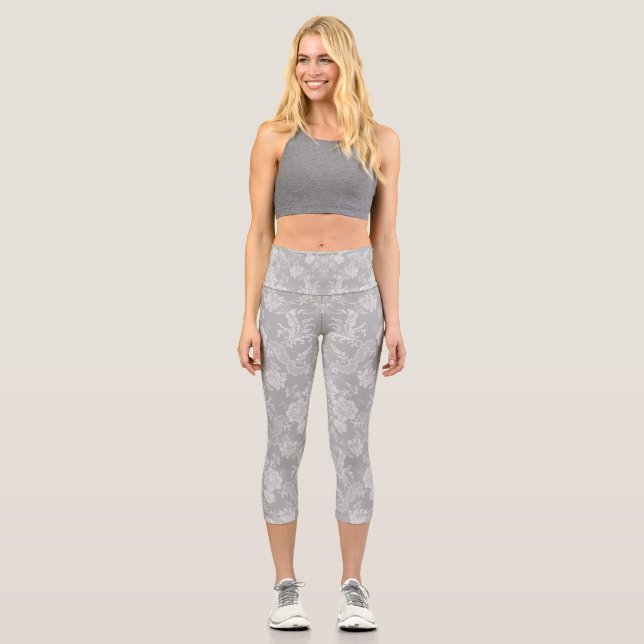Leggings Capri Elegante Moda romántica floral Damasco-gris (Anverso)