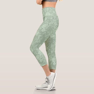 Leggings Capri Elegante Moda romántica floral Damasco-Sage Verde