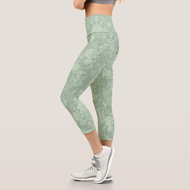 Leggings Capri Elegante Moda romántica floral Damasco-Sage Verde (Izquierda)