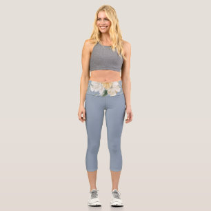 Leggings Capri Elegante Mostrador Azul y Flor Amarilla