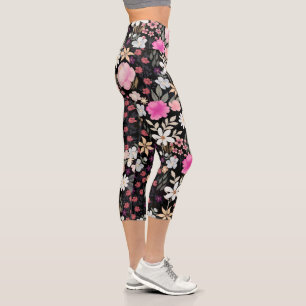 Leggings Capri Elegante Paint Black Wildflowers Boho Floral Paint