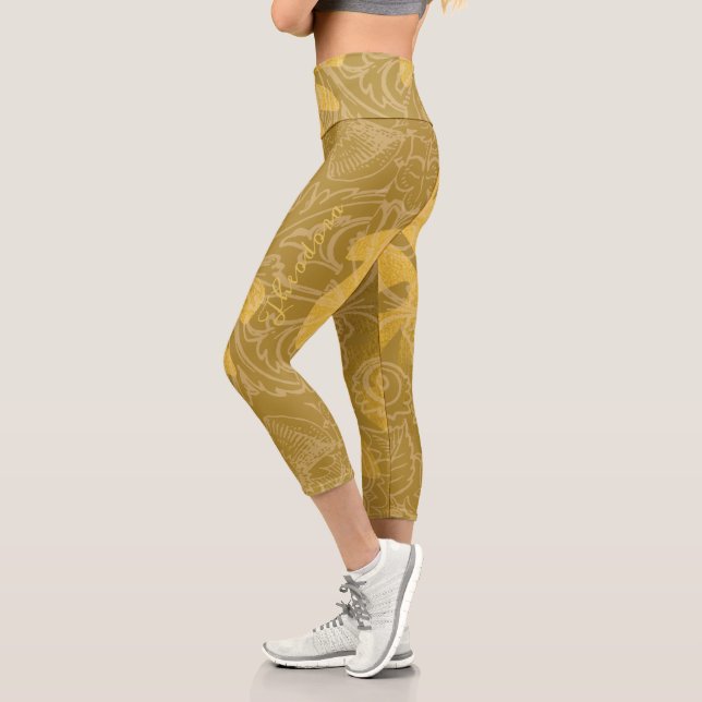 Leggings Capri Elegante Patrón clásico de Ocher Gold Leaf (Izquierda)