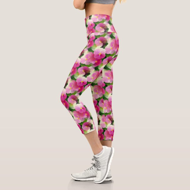 Leggings Capri Elegante Patrón de Flores Rosa y Blanco (Izquierda)