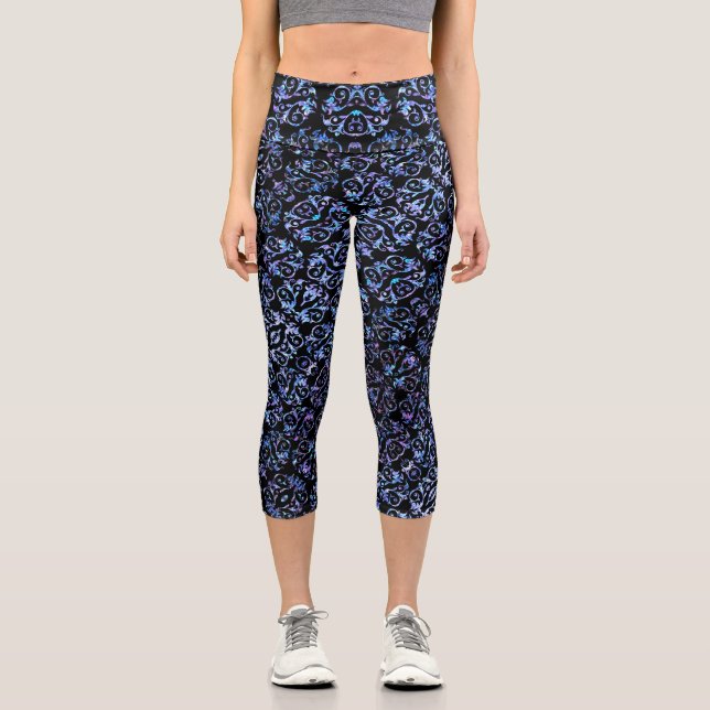 Leggings Capri Elegante patrón de perla azul y púrpura (Anverso)