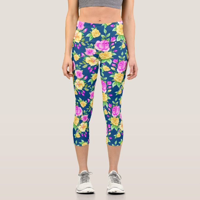 Leggings Capri Elegante patrón floral rosa rosa rosa Rubor (Anverso)