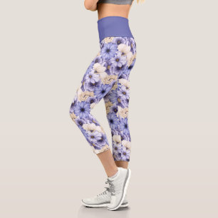 Leggings Capri Elegante patrón florístico Crema de Lino Púrpura