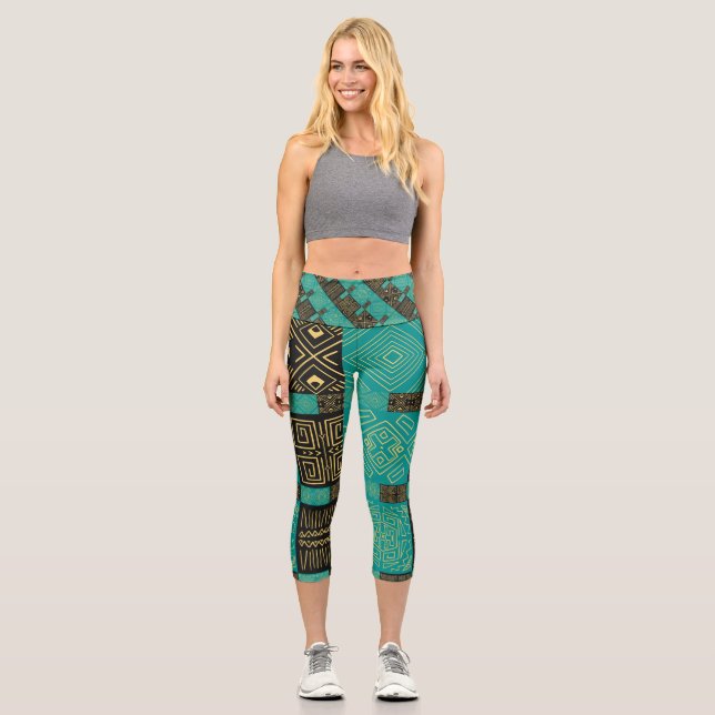 Leggings Capri Elegante patrón geométrico tribal africano (Anverso)