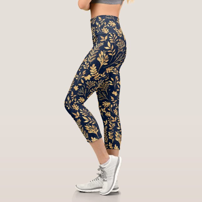 Leggings Capri Elegante Purpurina dorado Foliage Navy-Blue Design (Izquierda)