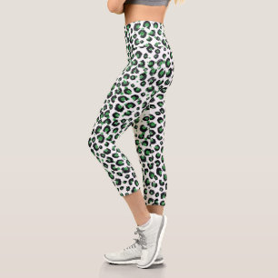 Leggings Capri Elegante Purpurina Verde Leopardo negro impresión 