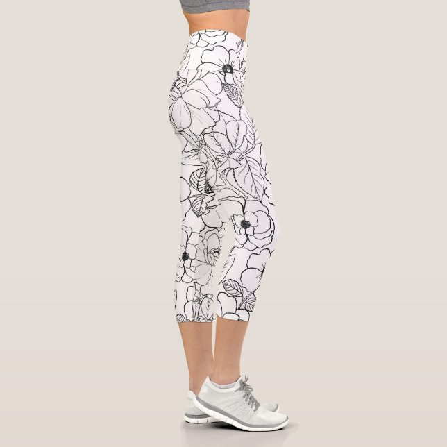 Leggings Capri Elegante Rosas blancos negros Línea de arte Floral (Derecha)