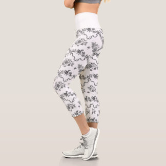 Leggings Capri Elegantes Rosas negras grabadas de época y cintas