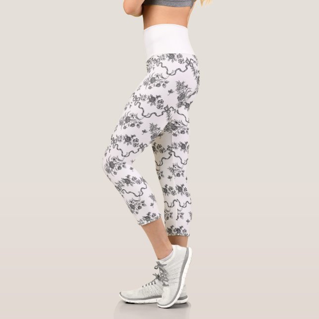 Leggings Capri Elegantes Rosas negras grabadas de época y cintas (Izquierda)