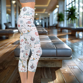 Leggings Capri Encantadores Personajes Kawaii de Navidad en Azul