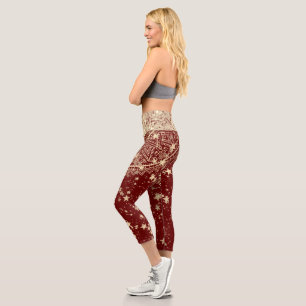 Leggings Capri Encantando Mandala con estrellas de oro en rojo