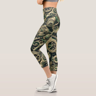 Leggings Capri Engranajes de relojería industriales verdes Steamp