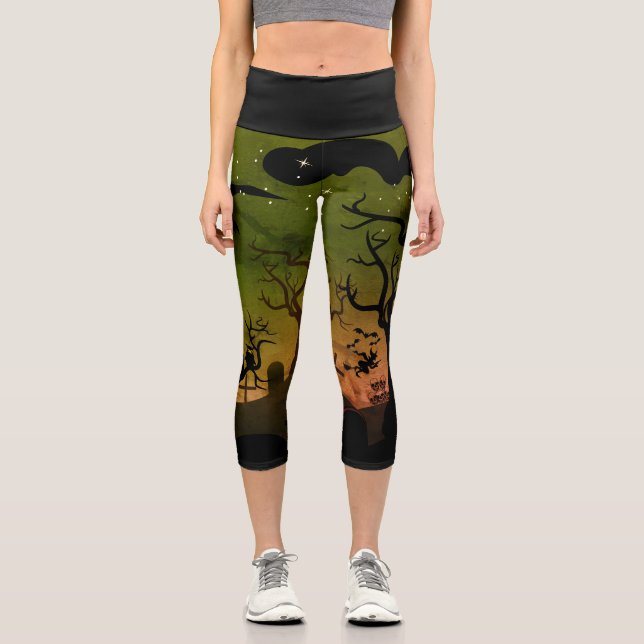 Leggings Capri Escena de cementerio verde y naranja de Halloween (Anverso)