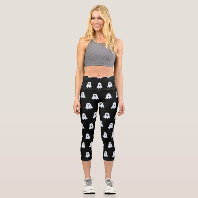 Leggings Capri Espantoso patrón fantasma negro y blanco (Anverso)