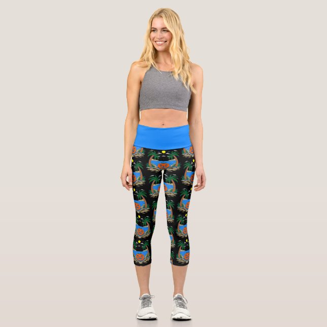 Leggings Capri espeluznante calabaza de halloween isla tropical (Anverso)