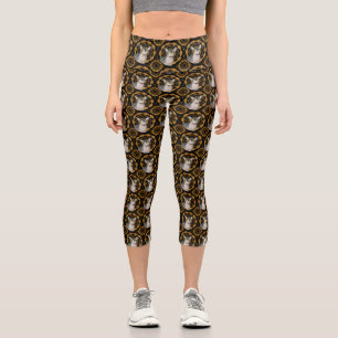 Leggings Capri Espina Gato Ninja Patrón retro negro y oro