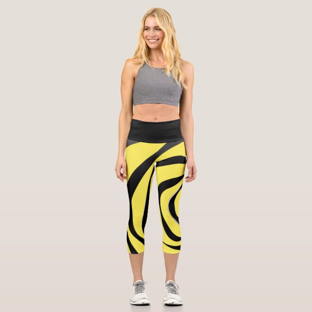 Leggings Capri Espiral negra transparente sobre fondo amarillo (Anverso)