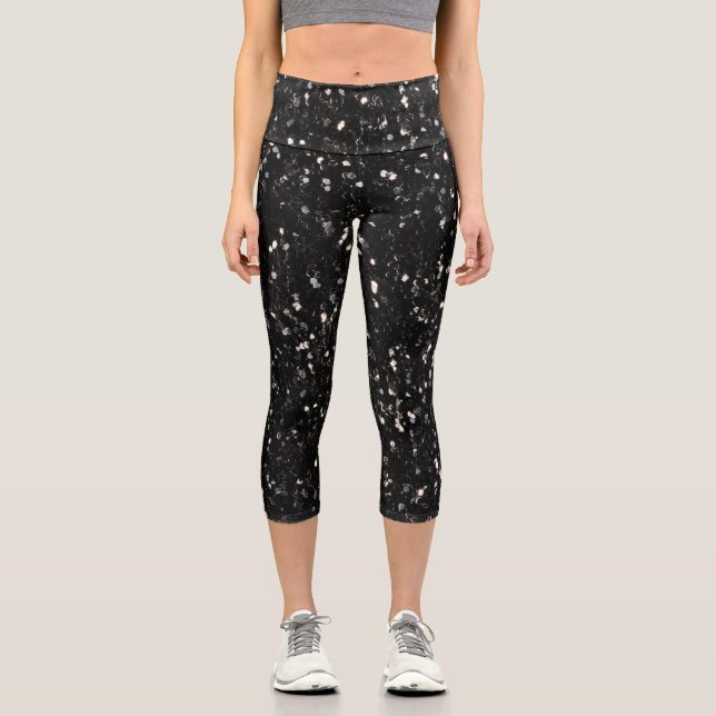 Leggings Capri Espumosos purpurinas brillantes en blanco y negro (Anverso)