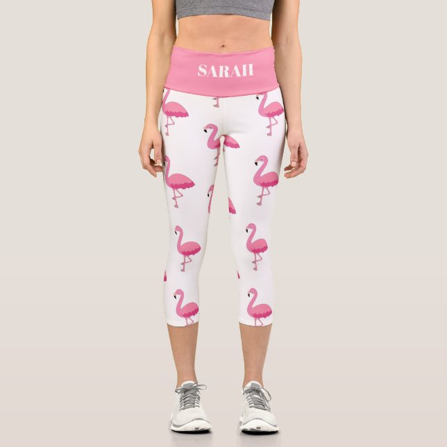Leggings Capri Estampado de pájaro patrón de flamenco con nombre  (Anverso)