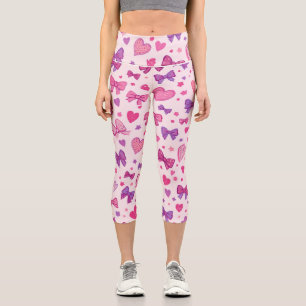 Leggings Capri Estilo Coquette Rosa Morado Lazo y Corazón Patrón
