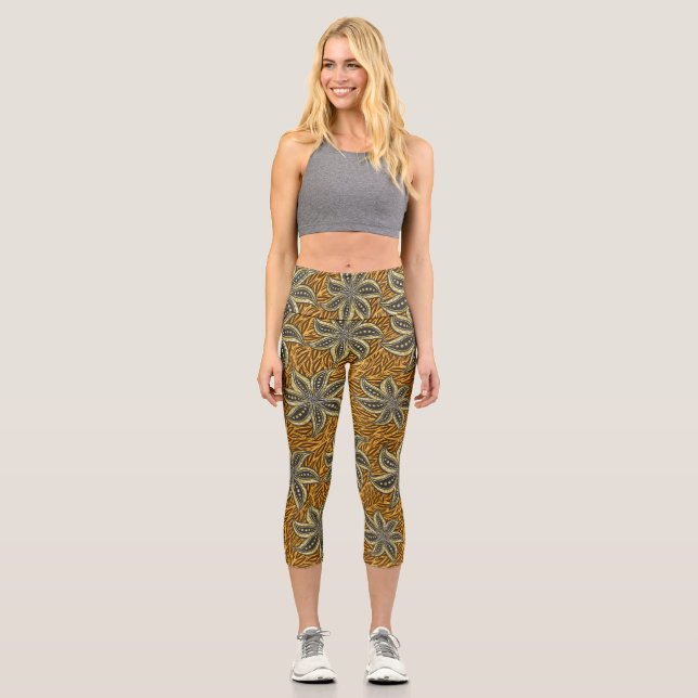 Leggings Capri Estilo de Batik Floral Resumen Africano (Anverso)