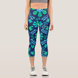Leggings Capri Estilo Retro Azul Patrón de Símbolos Florales y de
