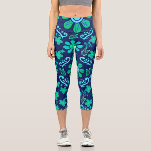 Leggings Capri Estilo Retro Azul Patrón de Símbolos Florales y de