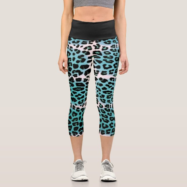 Leggings Capri Estiloso animal de leopardo azul de impresión feme (Anverso)