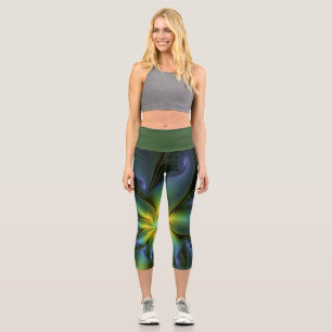 Leggings Capri Estrella abstracta, brillante arte azul verde dora