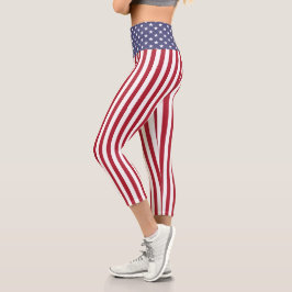 Leggings Capri Estrellas Y Bandera De Rayas Rojas Y Azules