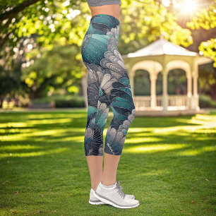 Leggings Capri Fans de Art Nouveau Blue and Silver