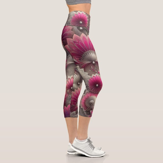 Leggings Capri Fans de rosa y plateado Art Nouveau (Derecha)
