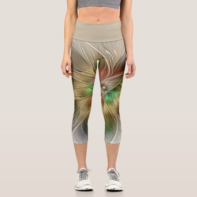 Leggings Capri Fantasía Floral Con Fractal Dorado Moderno (Anverso)