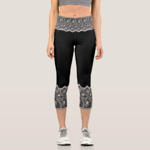 Leggings Capri Faux Black Rosas Lace Fishnet - Romántico Elegante