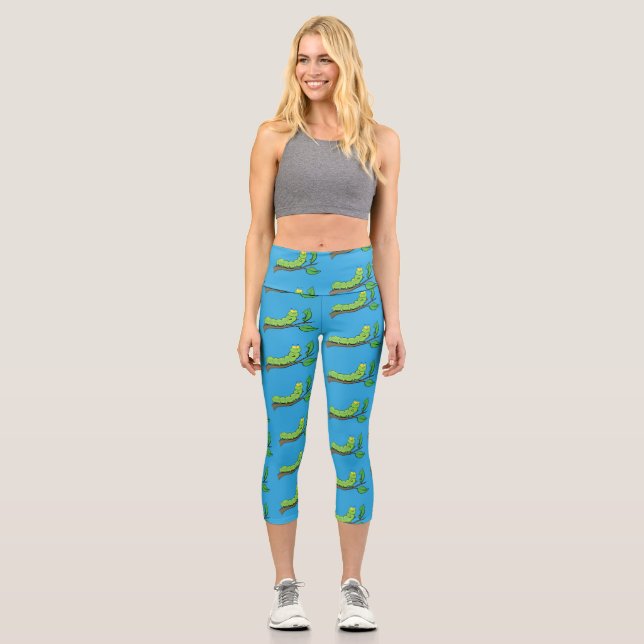 Leggings Capri Feliz ilustracion personalizado de oruga verde (Anverso)