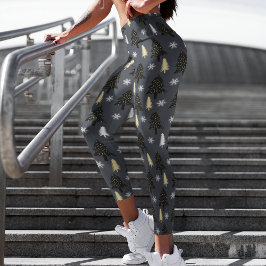 Leggings Capri Feliz Navidad Árboles festivos Patrón copos de nie