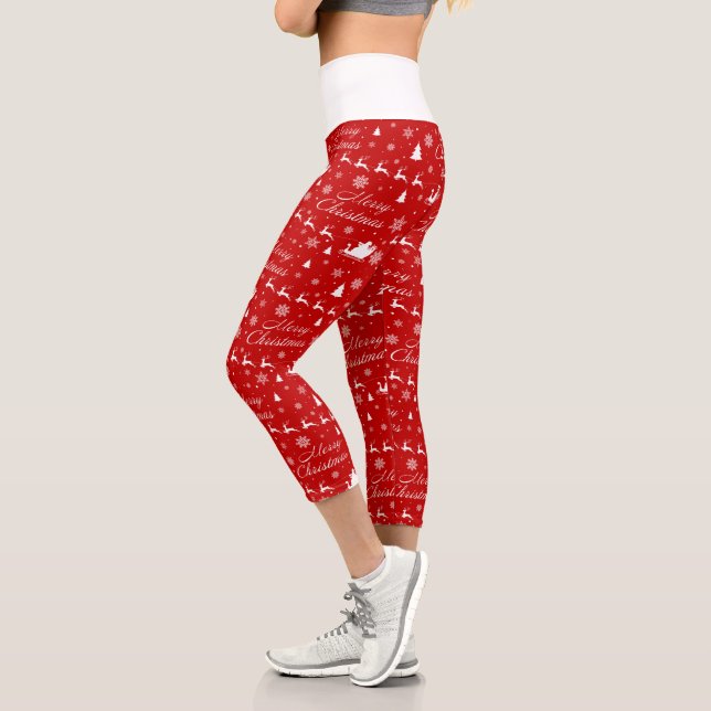 Leggings Capri Feliz Navidad, patrón rojo y blanco (Izquierda)