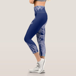Leggings Capri Fern Leaves Esbozo de textura Azul blanco