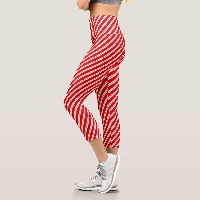 Leggings Capri Festividad Fun Peppermint Red Candy Cane Stripes (Izquierda)