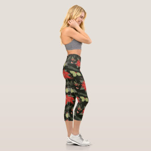 Leggings Capri Festividad Verde de Poinsettia Rojo