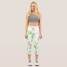 Leggings Capri Flamencos rosas divertidos y viñas verdes