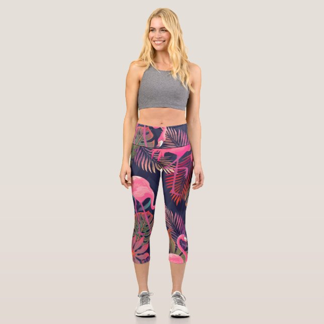 Leggings Capri Flamingo tropical: patrón de palma vintage. (Anverso)