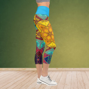 Leggings Capri Flor azul amarillo azul amarillo y pierna roja Mos
