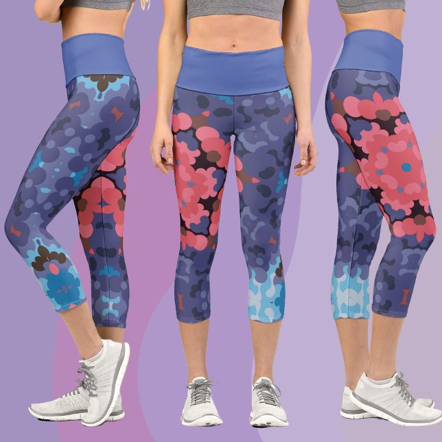 Leggings Capri Flor azul y rosa retro Mandala (Subido por el creador)
