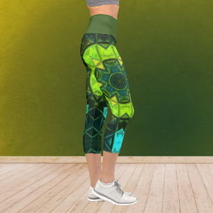 Leggings Capri Flor azul y verde de flores del Kaleidoscope Mosai