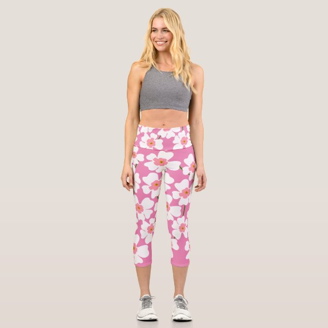 Leggings Capri Flor blanca y rosa: Yoga de la flor (Anverso)