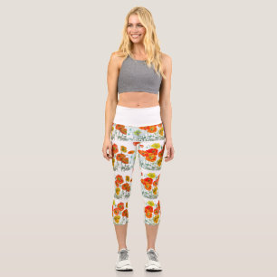 Leggings Capri Flor de amapola naranja roja acuarela amapolas